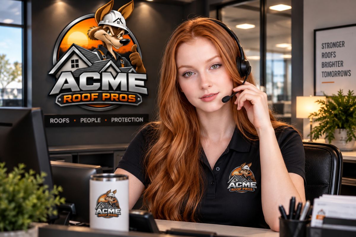 Taylor at the front desk of Acme Roof Pros, the demo company
