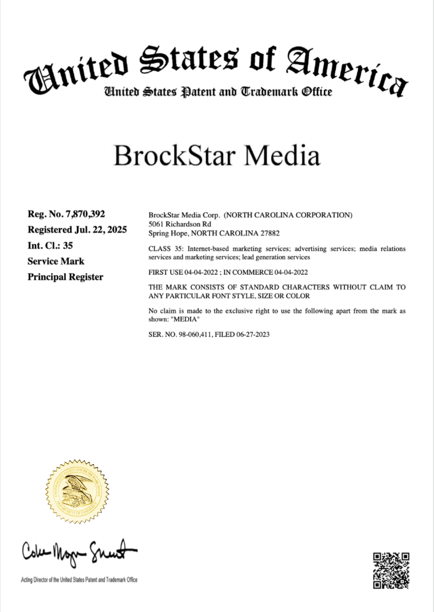 Official USPTO Trademark Certificate for BrockStar Media - Registration Number 7,870,392