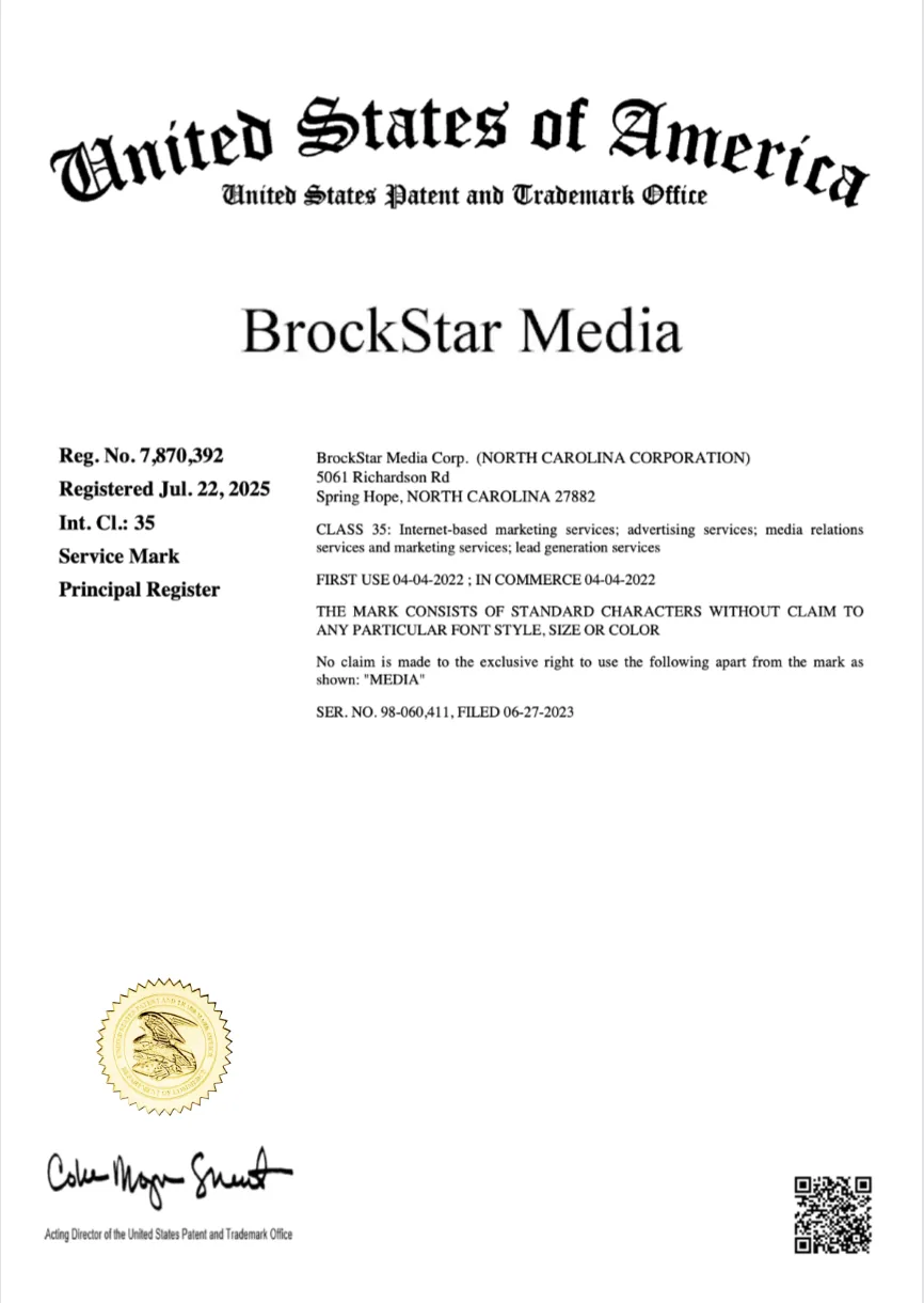Official USPTO Trademark Certificate for BrockStar Media - Registration Number 7,870,392